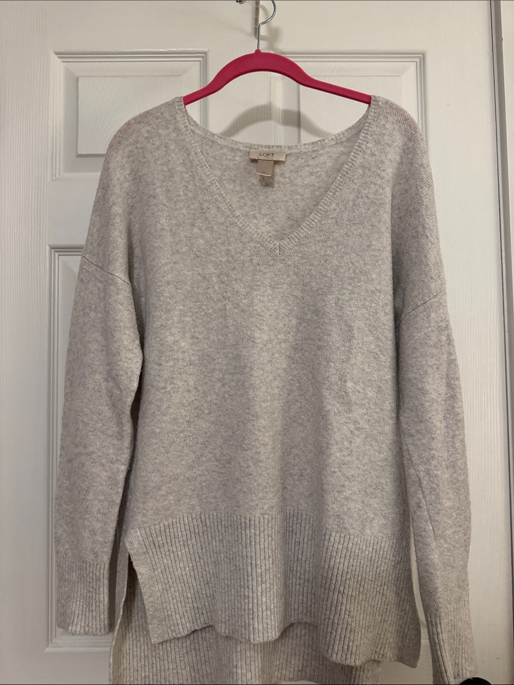 LOFT Light Gray V-Neck Knit Wool and Cotton Blend Sweater